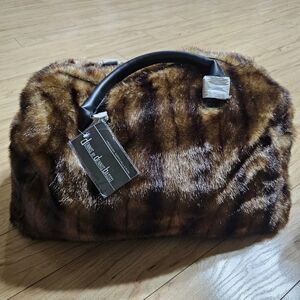 Tiger Mills Faux Fur Weekender Duffle Bag Dennis by Dennis Basso New Brown Black